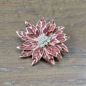 Elegant Pointsetta Brooch with Red,Gold with center chrystal Accents